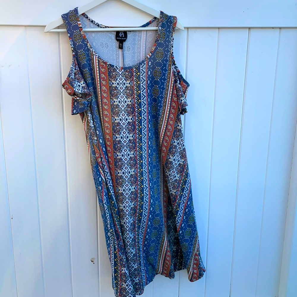 Brown Blue White striped dress boho looking.